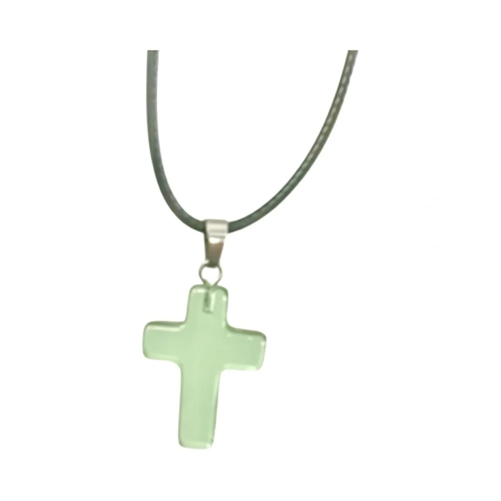 Translucent Green Cross Pendant Necklace - Picture 5 of 12